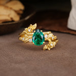 Nature-Inspired Luxury Aphrodite's Garden Pear-Cut Emerald Floral Bridal Ring Set | RamaSoul - Yellow-Gold