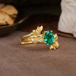 Nature-Inspired Luxury Aphrodite's Garden Pear-Cut Emerald Floral Bridal Ring Set | RamaSoul - White-Gold