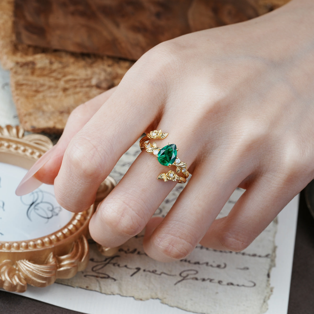 Nature-Inspired Luxury Aphrodite's Garden Pear-Cut Emerald Floral Bridal Ring Set | RamaSoul