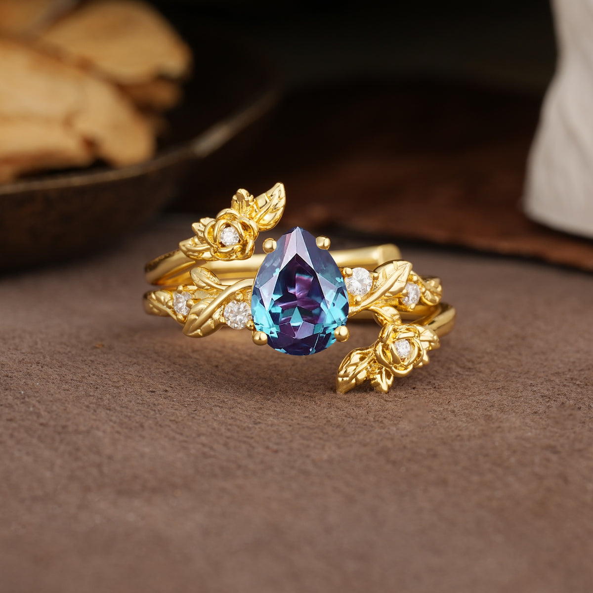 Nature-Inspired Luxury Aphrodite's Garden Pear-Cut Alexandrite Floral Bridal Ring Set | RamaSoul - Yellow-Gold