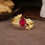 Nature-Inspired Luxury Aphrodite's Garden Pear-Cut Ruby Floral Bridal Ring Set | RamaSoul - Yellow-Gold