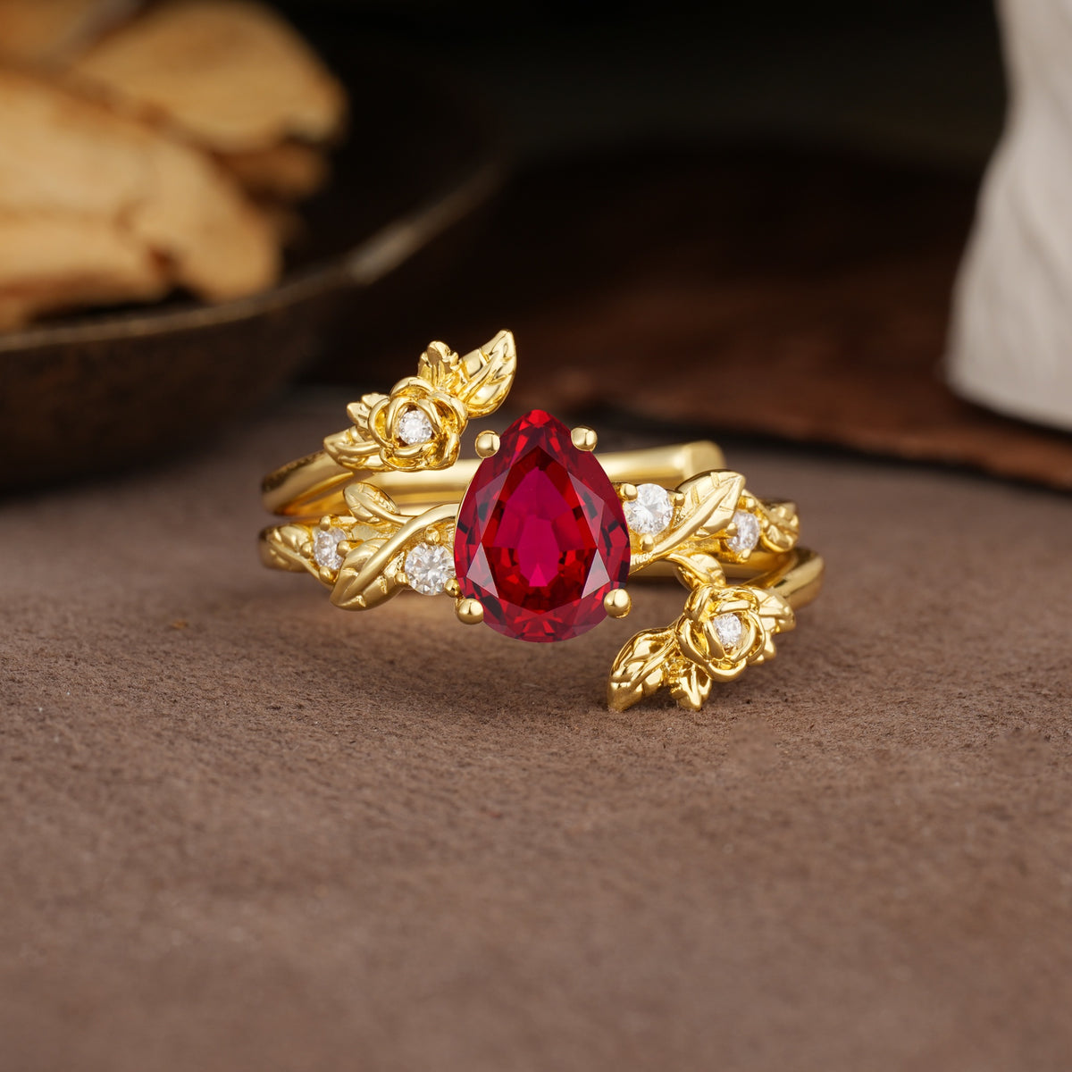 Nature-Inspired Luxury Aphrodite's Garden Pear-Cut Ruby Floral Bridal Ring Set | RamaSoul - Yellow-Gold