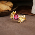 Nature-Inspired Luxury Aphrodite's Garden Pear-Cut Ruby Floral Bridal Ring Set | RamaSoul - Rose-Gold