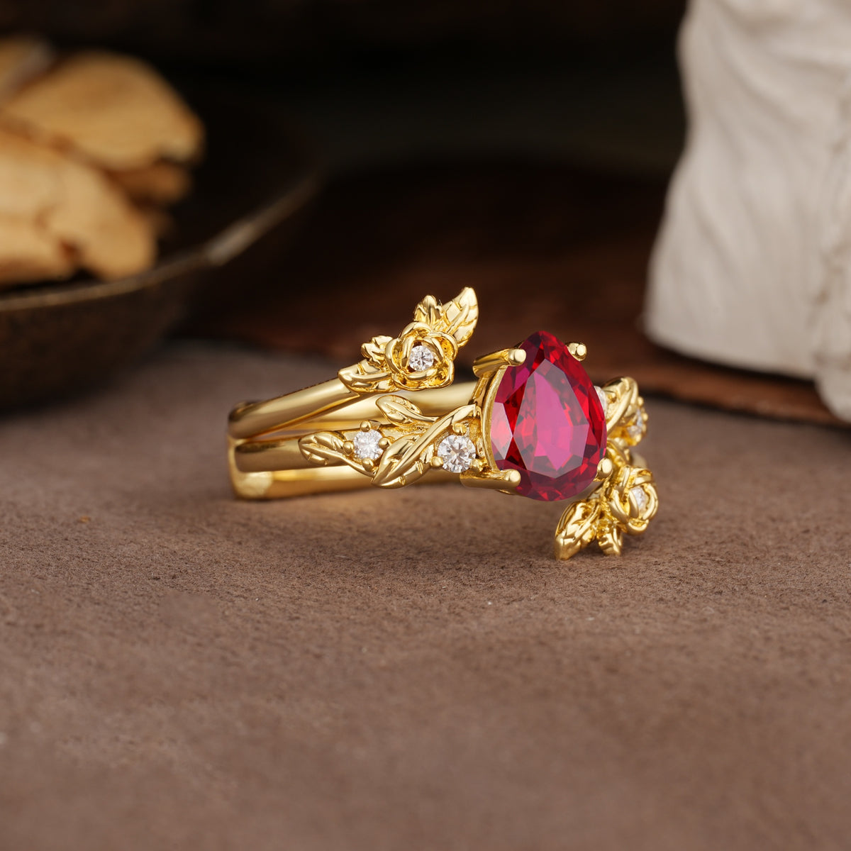 Nature-Inspired Luxury Aphrodite's Garden Pear-Cut Ruby Floral Bridal Ring Set | RamaSoul - White-Gold