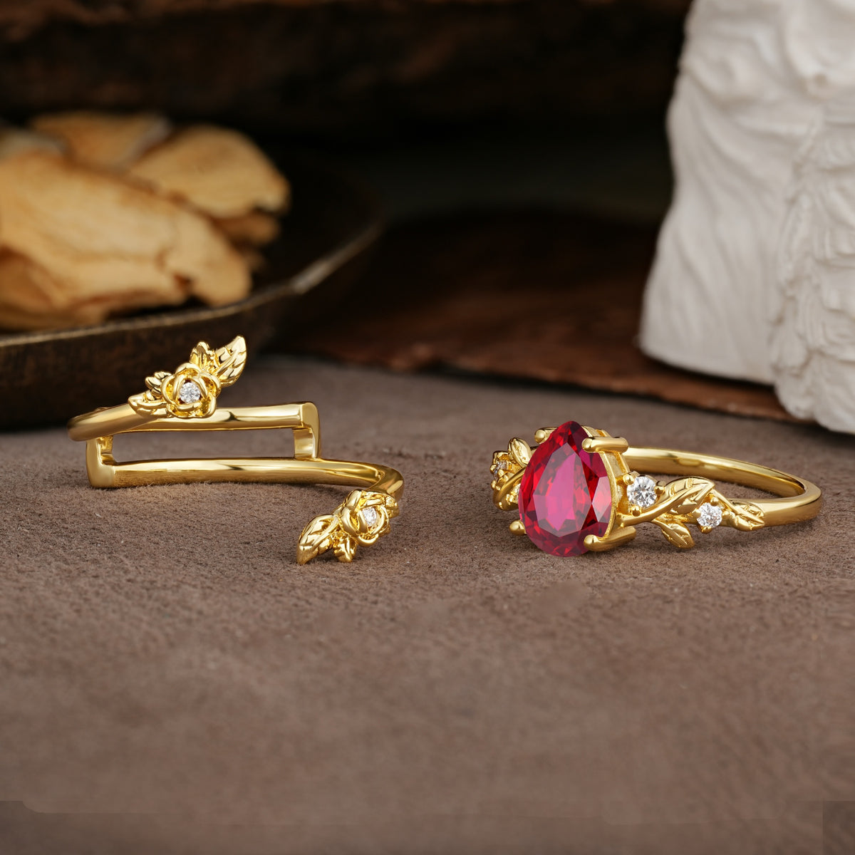 Nature-Inspired Luxury Aphrodite's Garden Pear-Cut Ruby Floral Bridal Ring Set | RamaSoul - Additional view