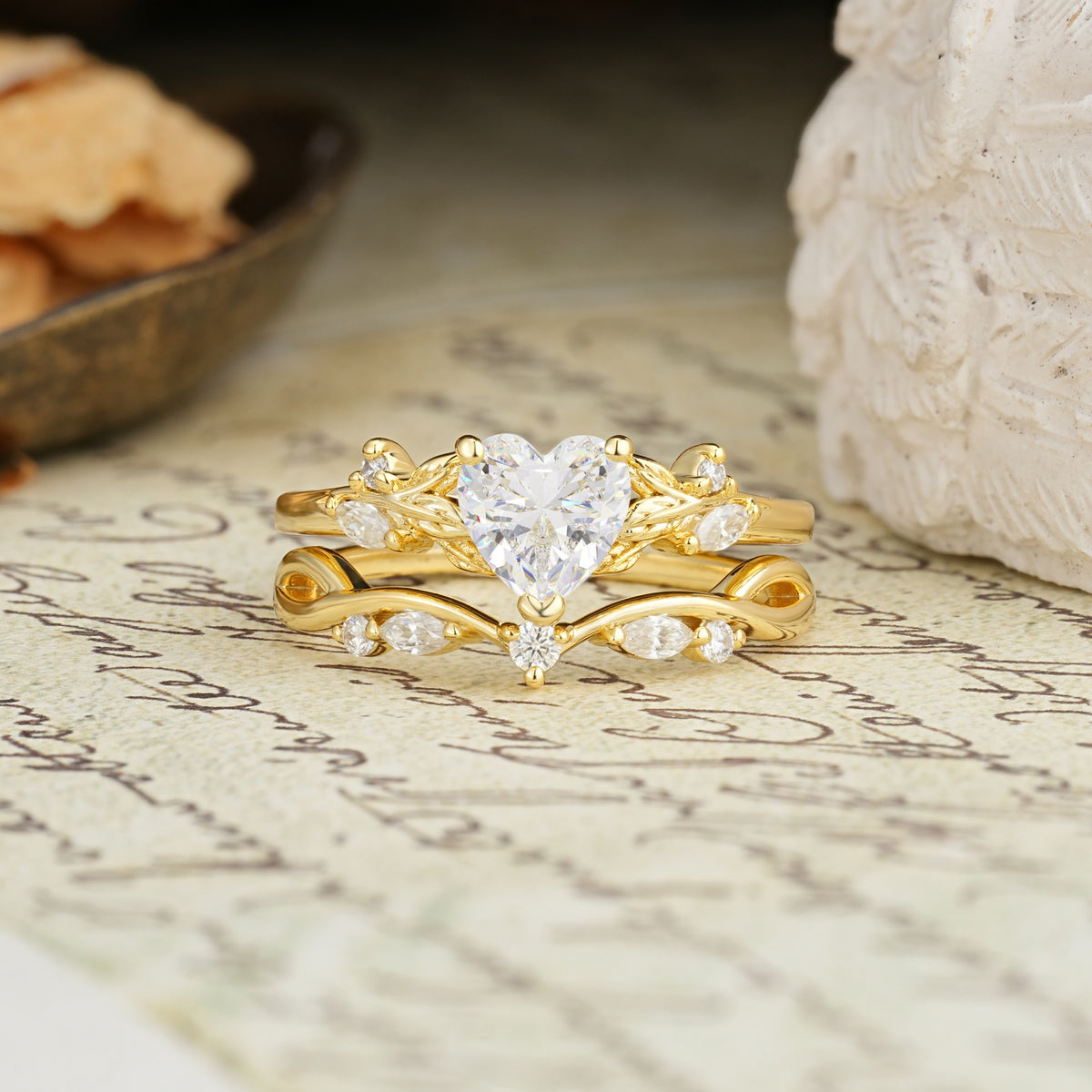 Nature-Inspired Vintage Aphrodite's Garden Vine-Wrapped  Heart-Cut Moissanite Bridal Ring Set | RamaSoul - Yellow-Gold