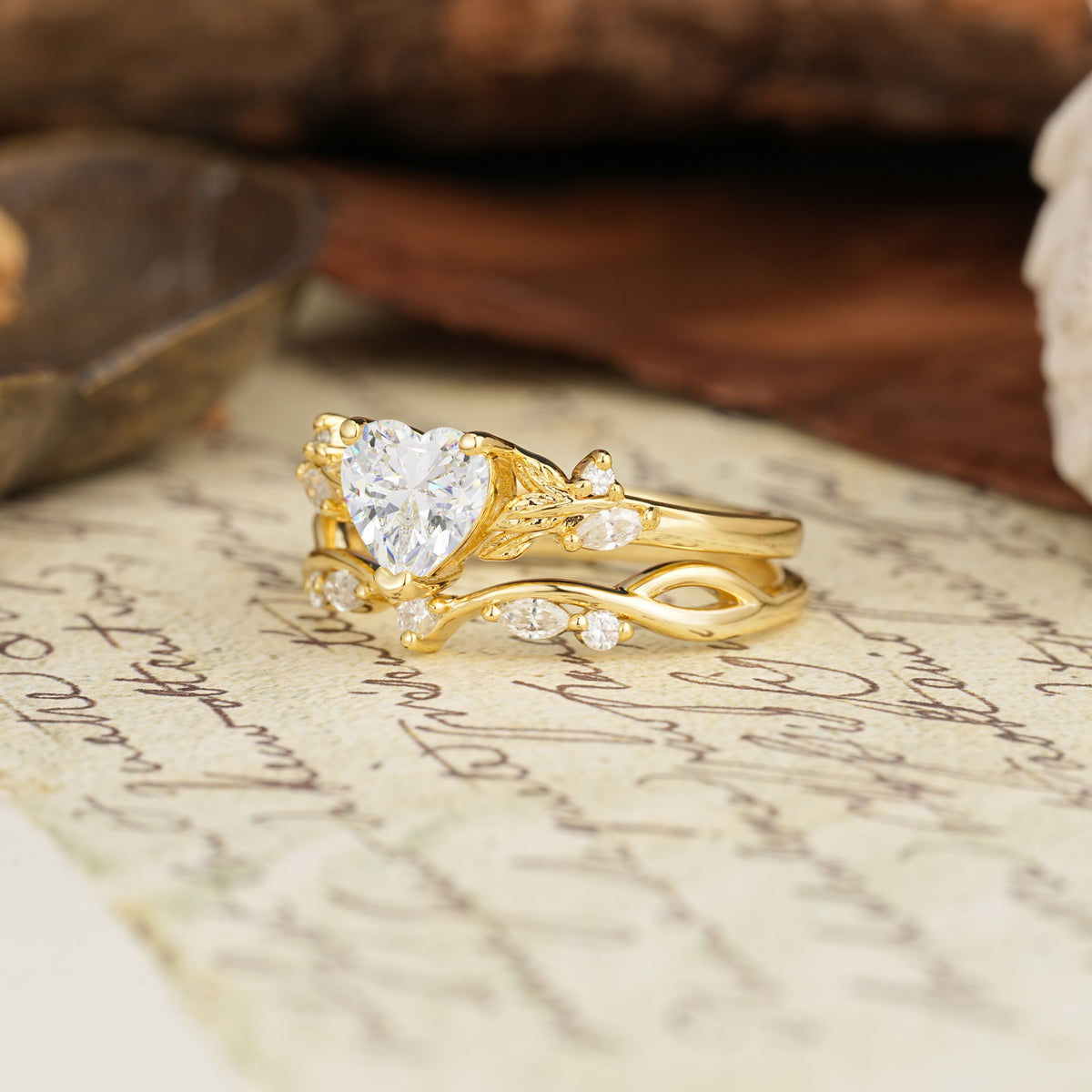 Nature-Inspired Vintage Aphrodite's Garden Vine-Wrapped  Heart-Cut Moissanite Bridal Ring Set | RamaSoul - White-Gold