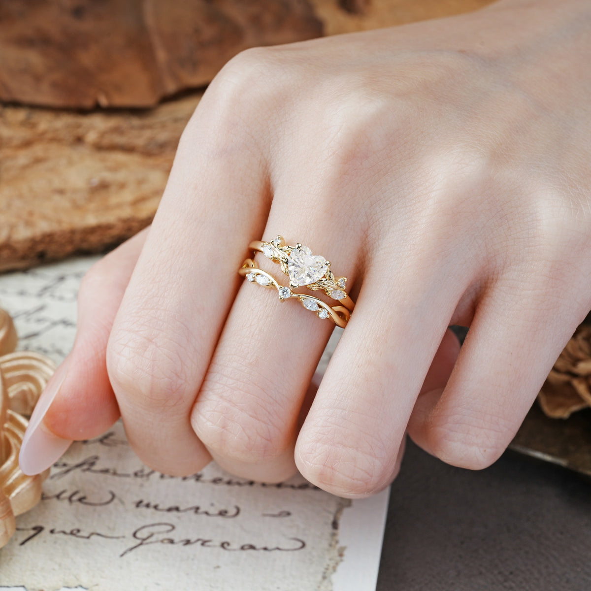 Nature-Inspired Vintage Aphrodite's Garden Vine-Wrapped  Heart-Cut Moissanite Bridal Ring Set | RamaSoul