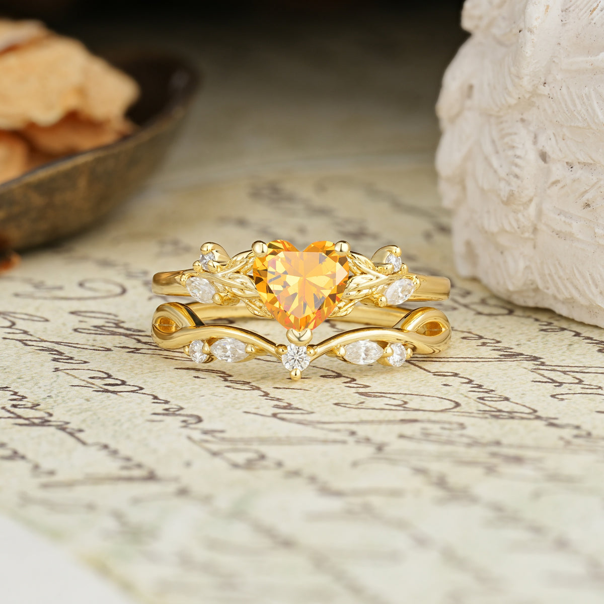 Nature-Inspired Vintage Aphrodite's Garden Vine-Wrapped  Heart-Cut Citrine Bridal Ring Set | RamaSoul - Yellow-Gold