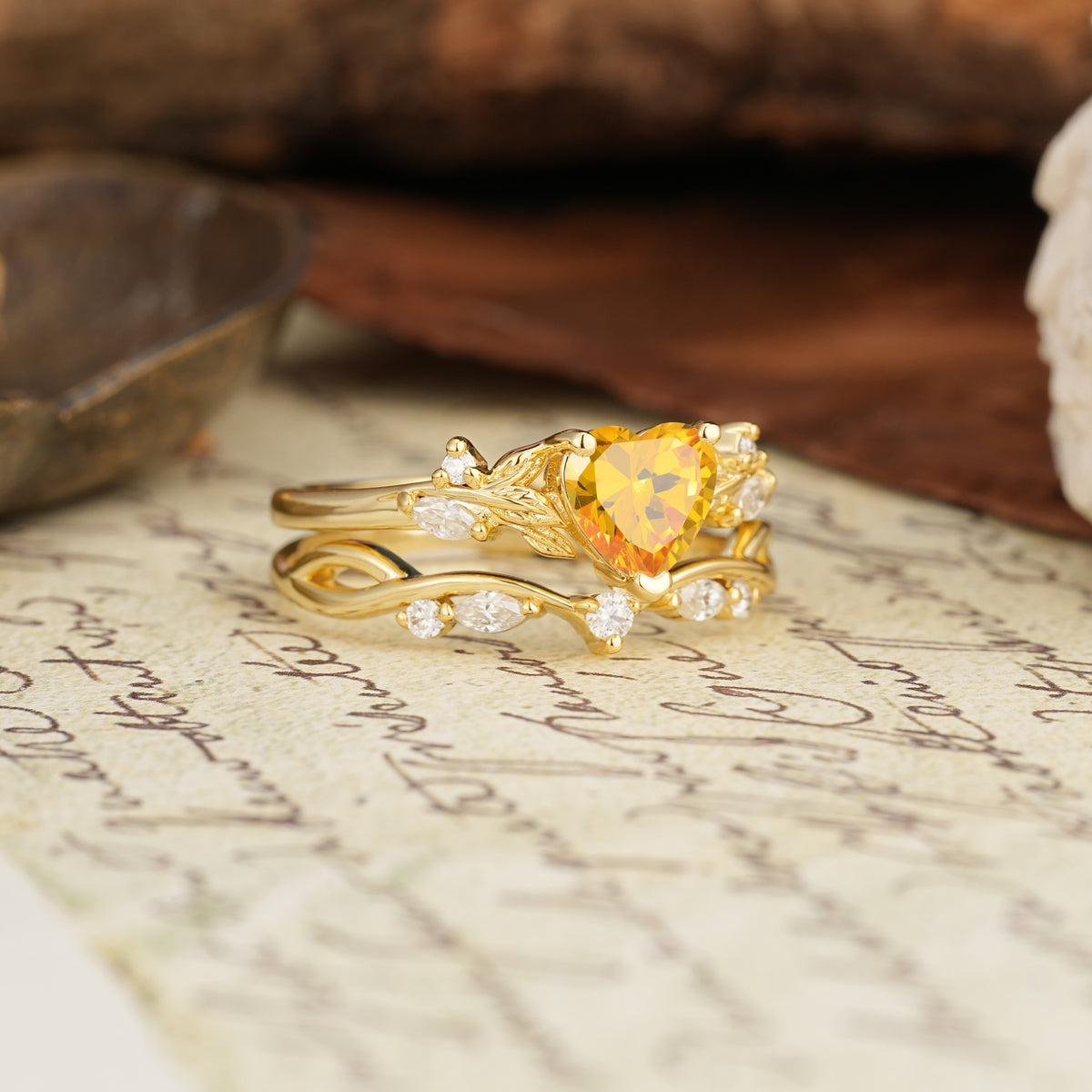 Nature-Inspired Vintage Aphrodite's Garden Vine-Wrapped  Heart-Cut Citrine Bridal Ring Set | RamaSoul - Rose-Gold