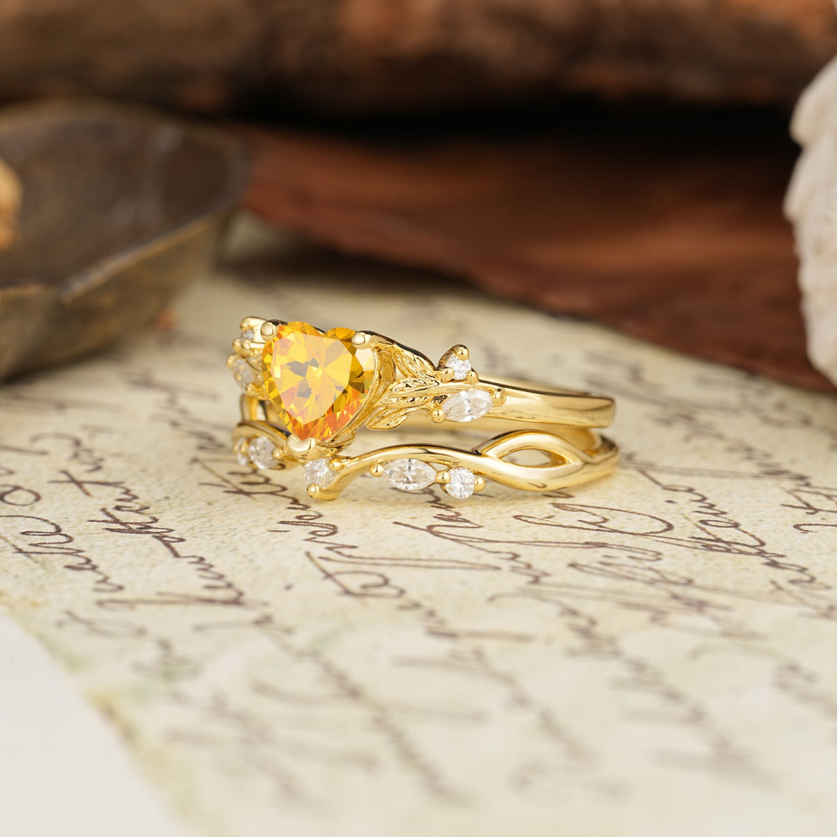 Nature-Inspired Vintage Aphrodite's Garden Vine-Wrapped  Heart-Cut Citrine Bridal Ring Set | RamaSoul - White-Gold