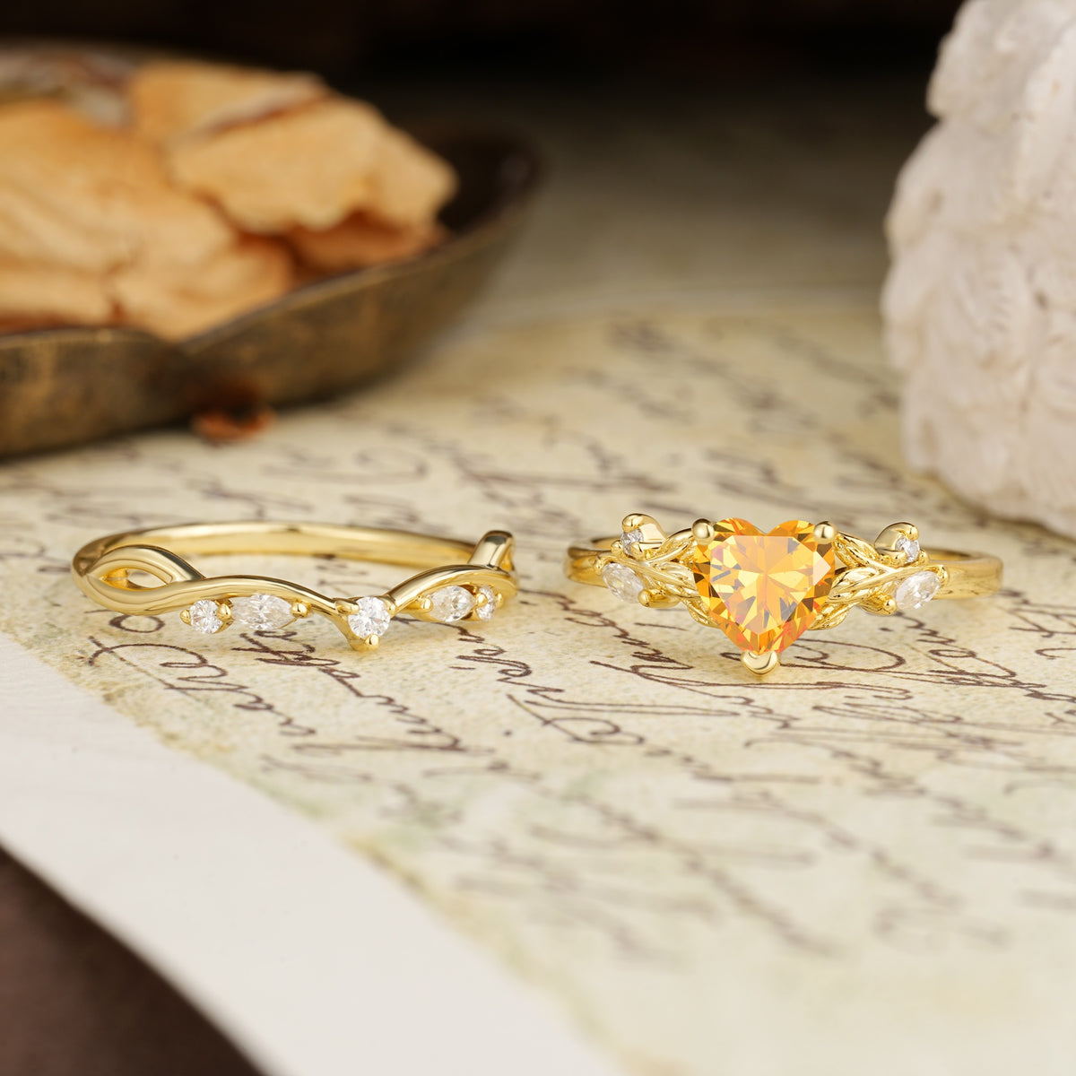 Nature-Inspired Vintage Aphrodite's Garden Vine-Wrapped  Heart-Cut Citrine Bridal Ring Set | RamaSoul - Additional view