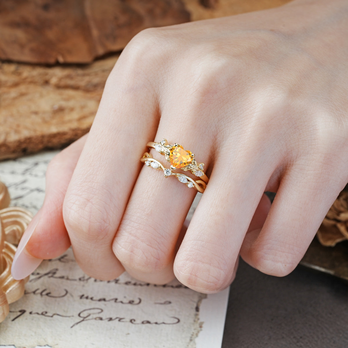 Nature-Inspired Vintage Aphrodite's Garden Vine-Wrapped  Heart-Cut Citrine Bridal Ring Set | RamaSoul