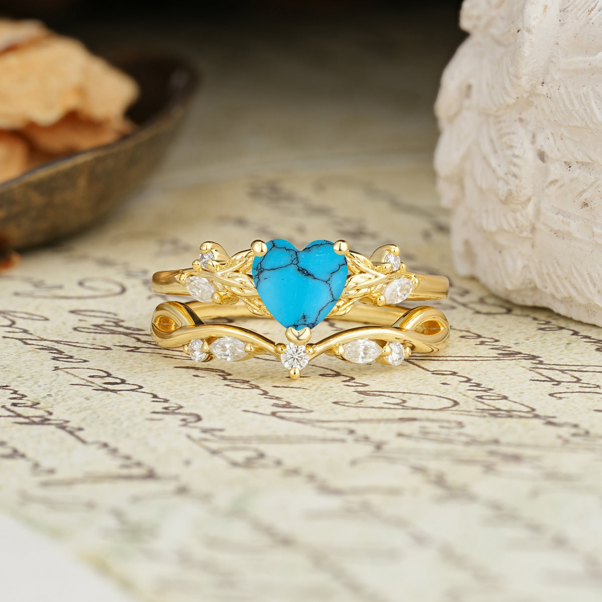 Nature-Inspired Vintage Aphrodite's Garden Vine-Wrapped  Heart-Cut Turquoise Bridal Ring Set | RamaSoul - Yellow-Gold