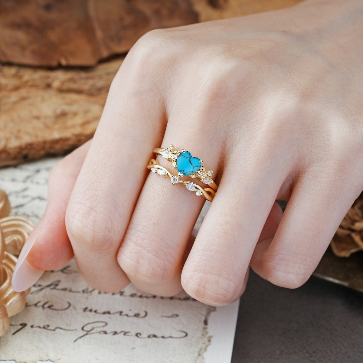 Nature-Inspired Vintage Aphrodite's Garden Vine-Wrapped  Heart-Cut Turquoise Bridal Ring Set | RamaSoul