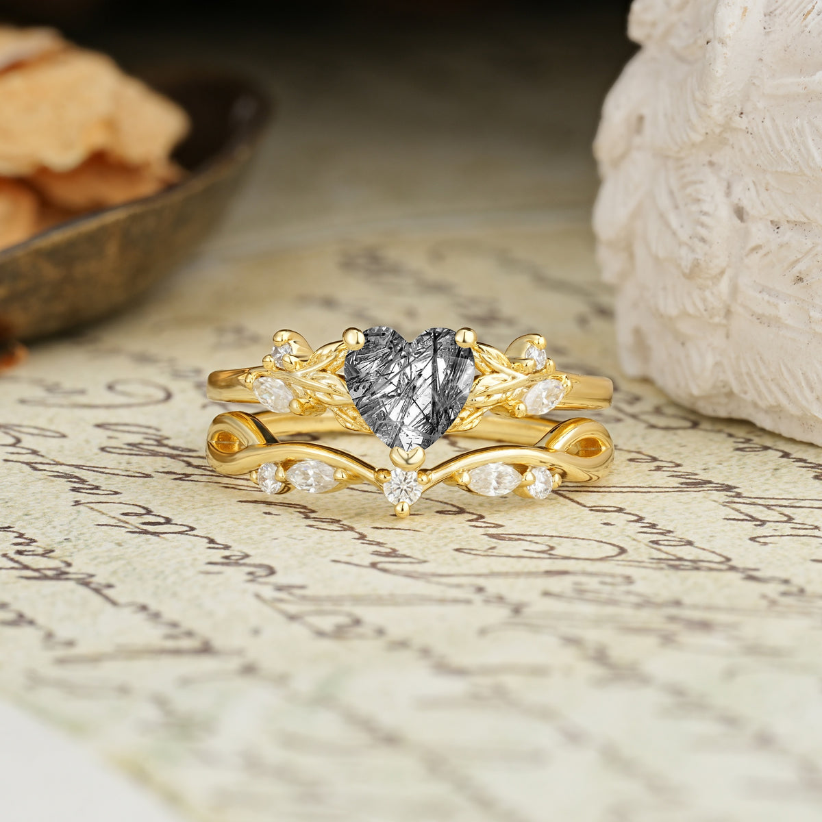 Nature-Inspired Vintage Aphrodite's Garden Vine-Wrapped  Heart-Cut Black Rutilated Quartz Bridal Ring Set | RamaSoul - Yellow-Gold