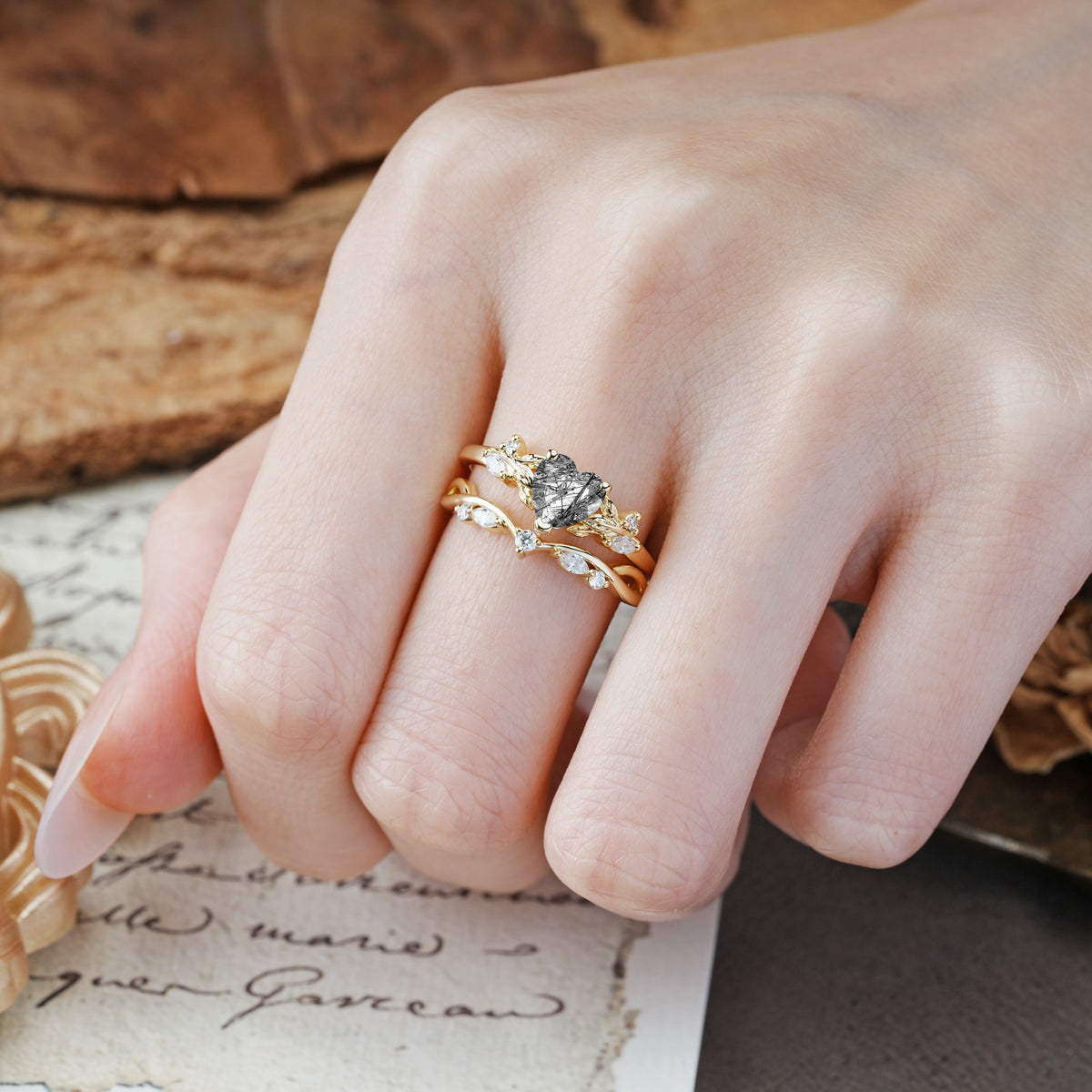 Nature-Inspired Vintage Aphrodite's Garden Vine-Wrapped  Heart-Cut Black Rutilated Quartz Bridal Ring Set | RamaSoul