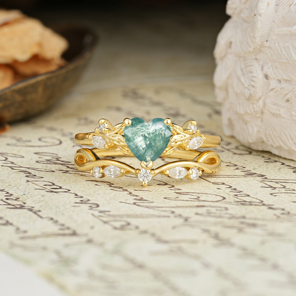 Nature-Inspired Vintage Aphrodite's Garden Vine-Wrapped  Heart-Cut Moss Agate Bridal Ring Set | RamaSoul - Yellow-Gold