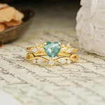 Nature-Inspired Vintage Aphrodite's Garden Vine-Wrapped  Heart-Cut Moss Agate Bridal Ring Set | RamaSoul - Yellow-Gold