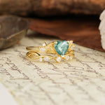 Nature-Inspired Vintage Aphrodite's Garden Vine-Wrapped  Heart-Cut Moss Agate Bridal Ring Set | RamaSoul - Rose-Gold