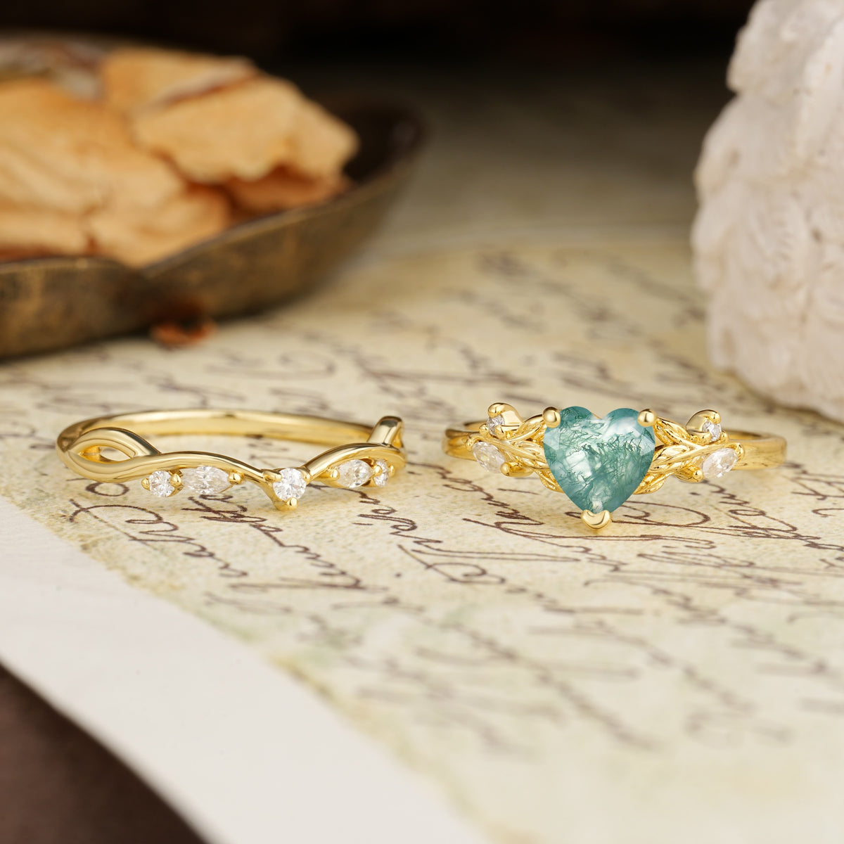 Nature-Inspired Vintage Aphrodite's Garden Vine-Wrapped  Heart-Cut Moss Agate Bridal Ring Set | RamaSoul - Additional view