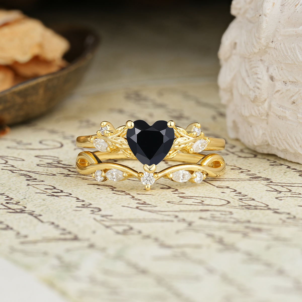Nature-Inspired Vintage Aphrodite's Garden Vine-Wrapped  Heart-Cut Black Onyx Bridal Ring Set | RamaSoul - Yellow-Gold