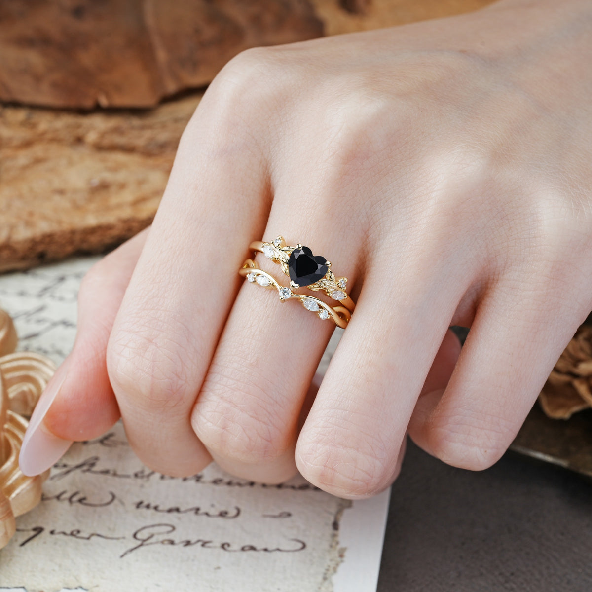 Nature-Inspired Vintage Aphrodite's Garden Vine-Wrapped  Heart-Cut Black Onyx Bridal Ring Set | RamaSoul