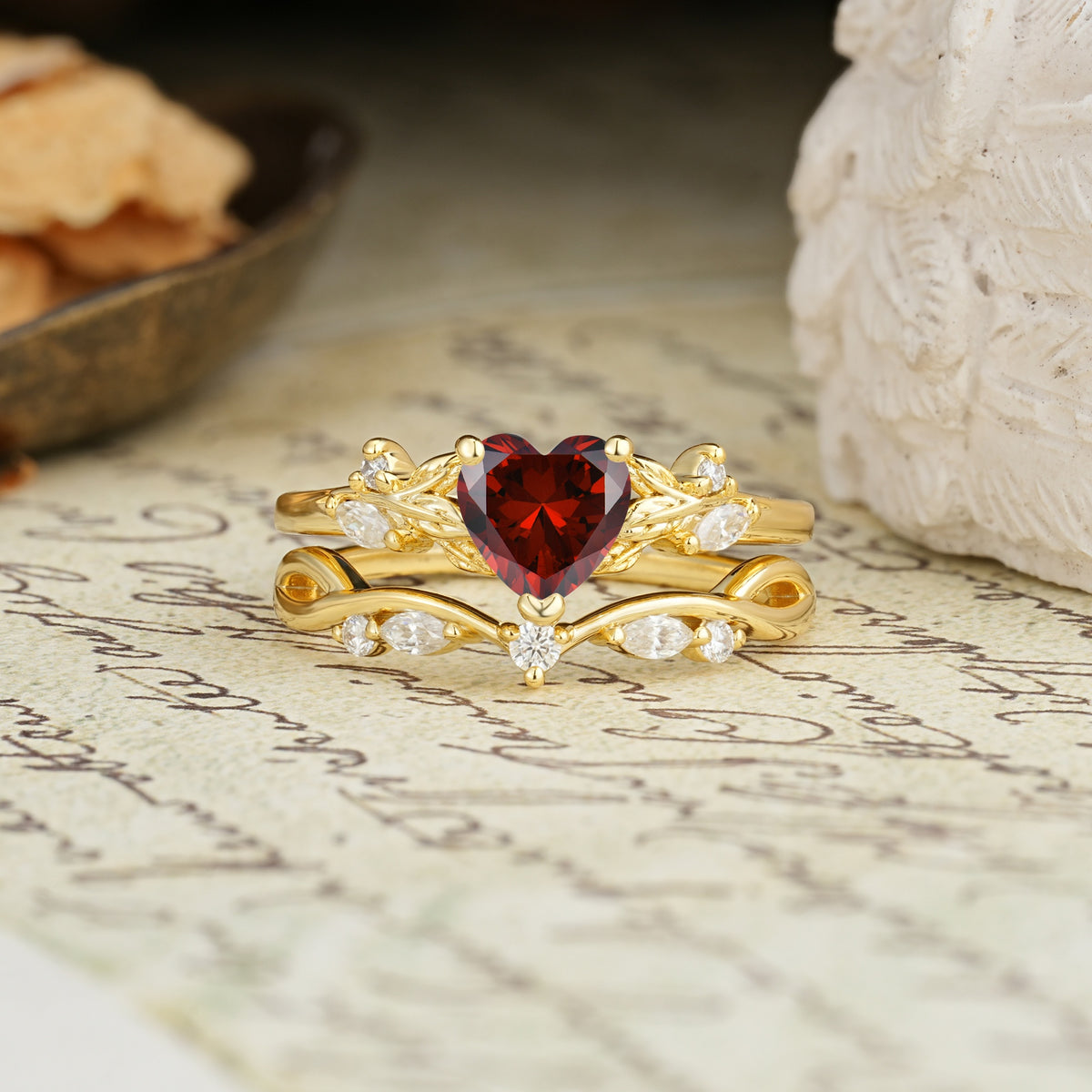 Nature-Inspired Vintage Aphrodite's Garden Vine-Wrapped  Heart-Cut Garnet Bridal Ring Set | RamaSoul - Yellow-Gold