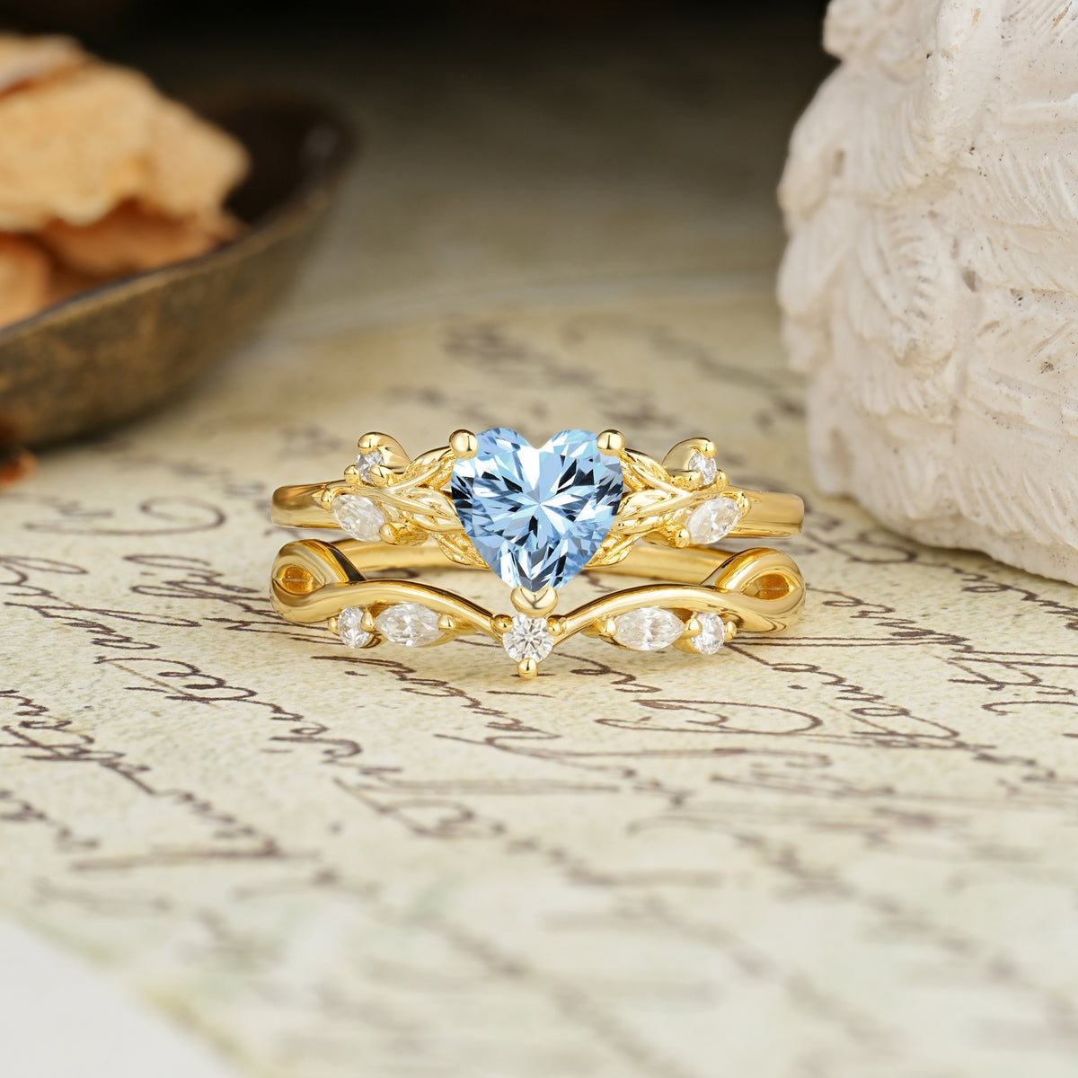 Nature-Inspired Vintage Aphrodite's Garden Vine-Wrapped  Heart-Cut Aquamarine Bridal Ring Set | RamaSoul - Yellow-Gold