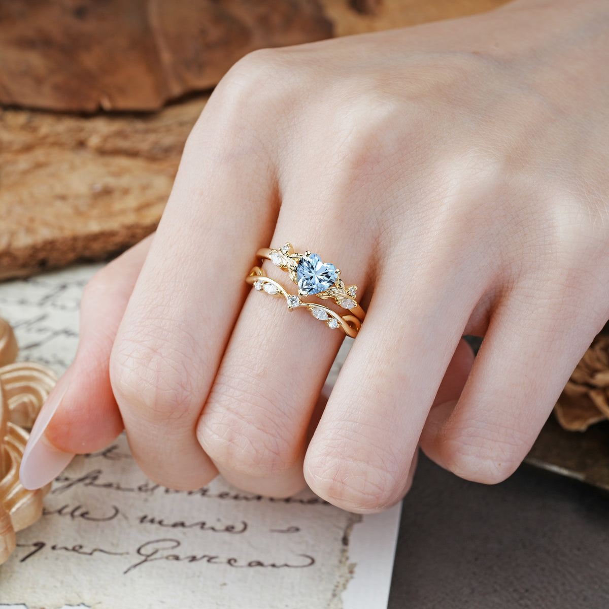 Nature-Inspired Vintage Aphrodite's Garden Vine-Wrapped  Heart-Cut Aquamarine Bridal Ring Set | RamaSoul