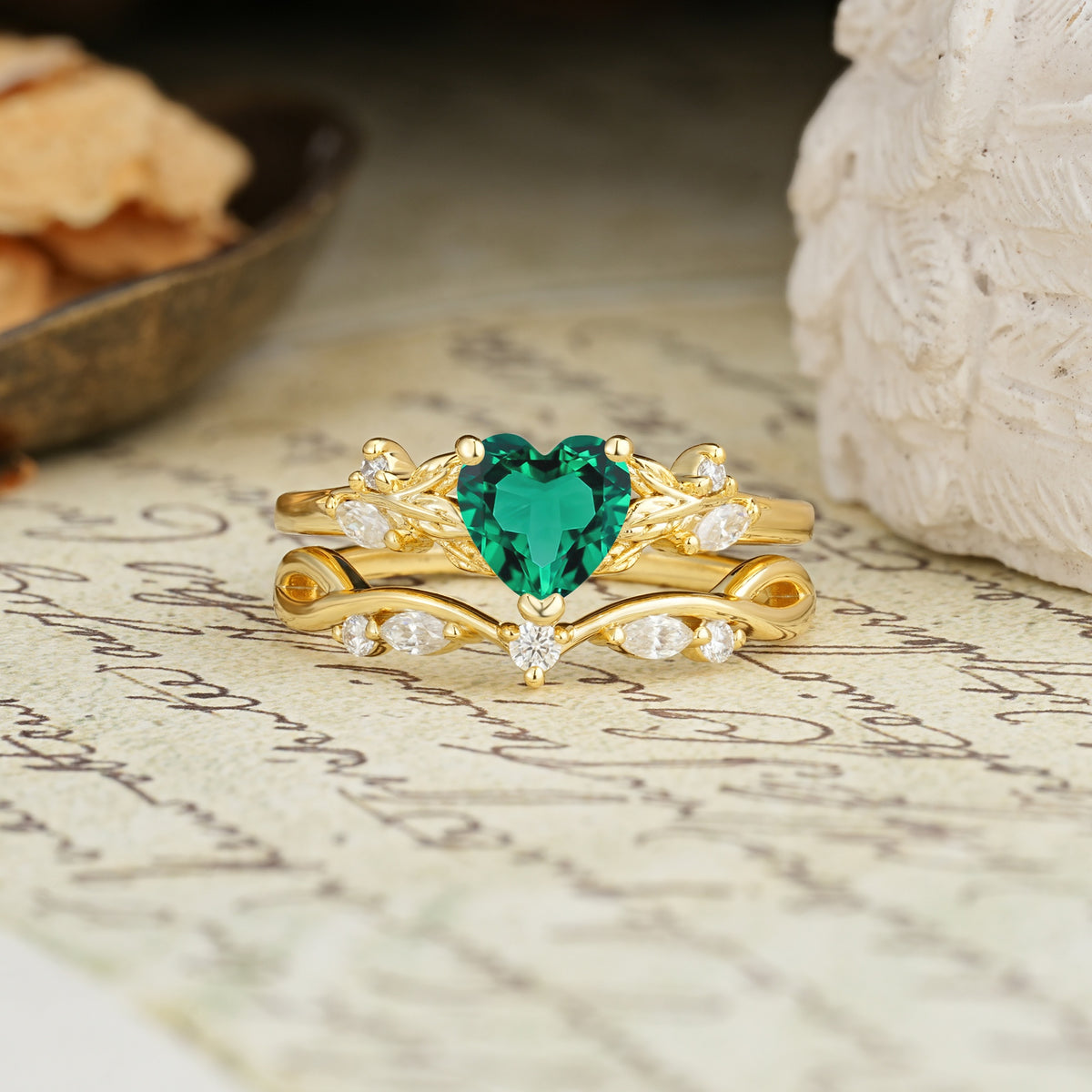 Nature-Inspired Vintage Aphrodite's Garden Vine-Wrapped  Heart-Cut Emerald Bridal Ring Set | RamaSoul - Yellow-Gold