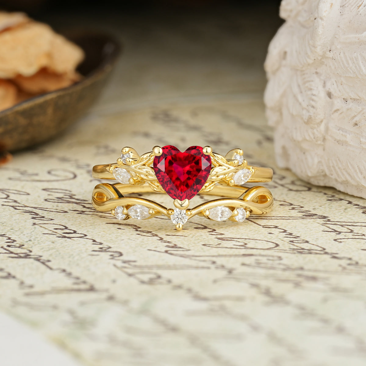 Nature-Inspired Vintage Aphrodite's Garden Vine-Wrapped  Heart-Cut Ruby Bridal Ring Set | RamaSoul - Yellow-Gold
