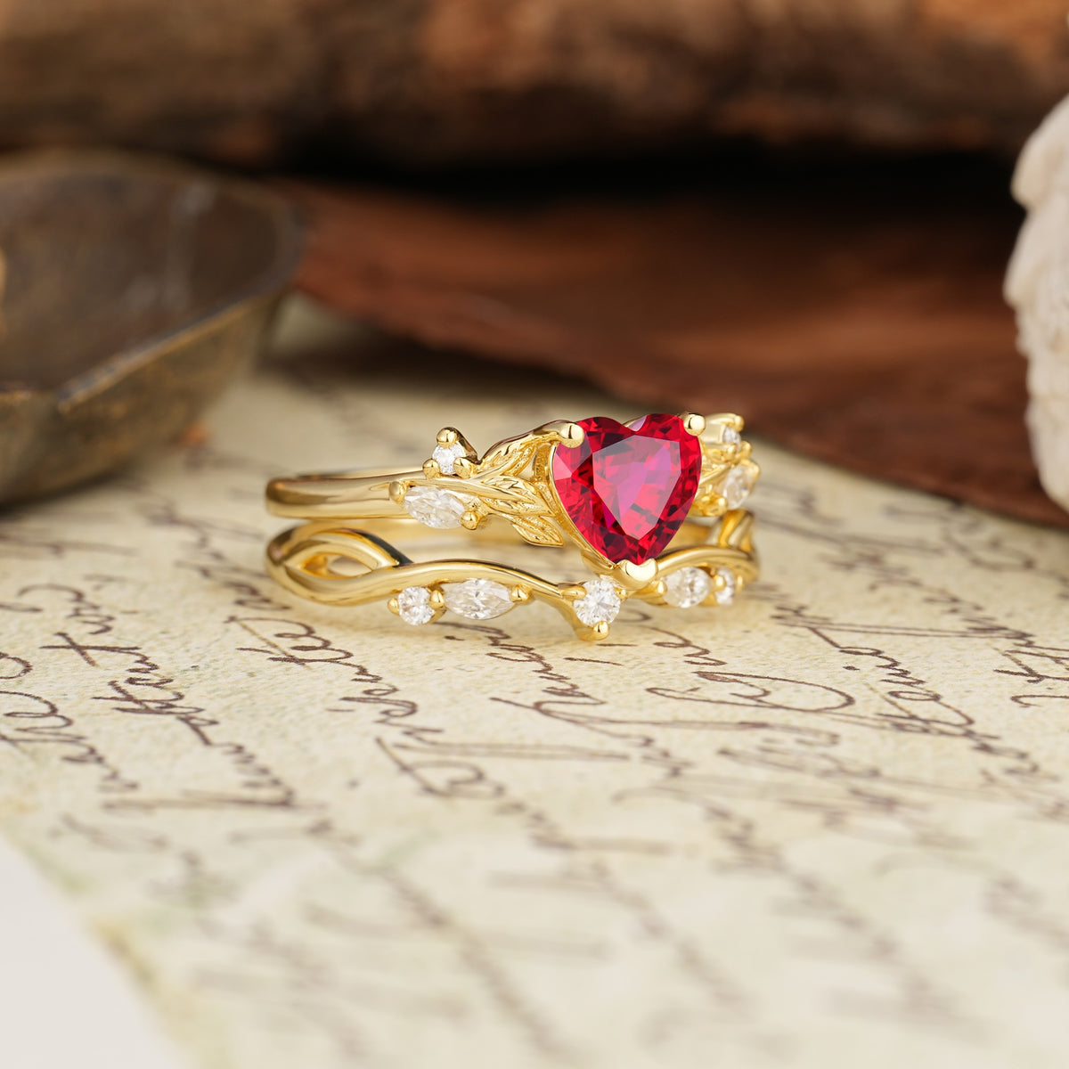 Nature-Inspired Vintage Aphrodite's Garden Vine-Wrapped  Heart-Cut Ruby Bridal Ring Set | RamaSoul - Rose-Gold