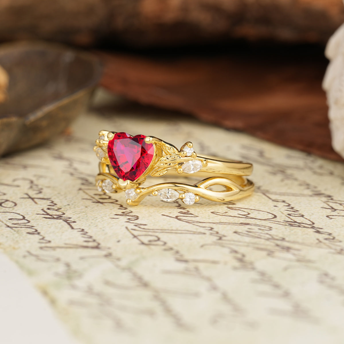 Nature-Inspired Vintage Aphrodite's Garden Vine-Wrapped  Heart-Cut Ruby Bridal Ring Set | RamaSoul - White-Gold