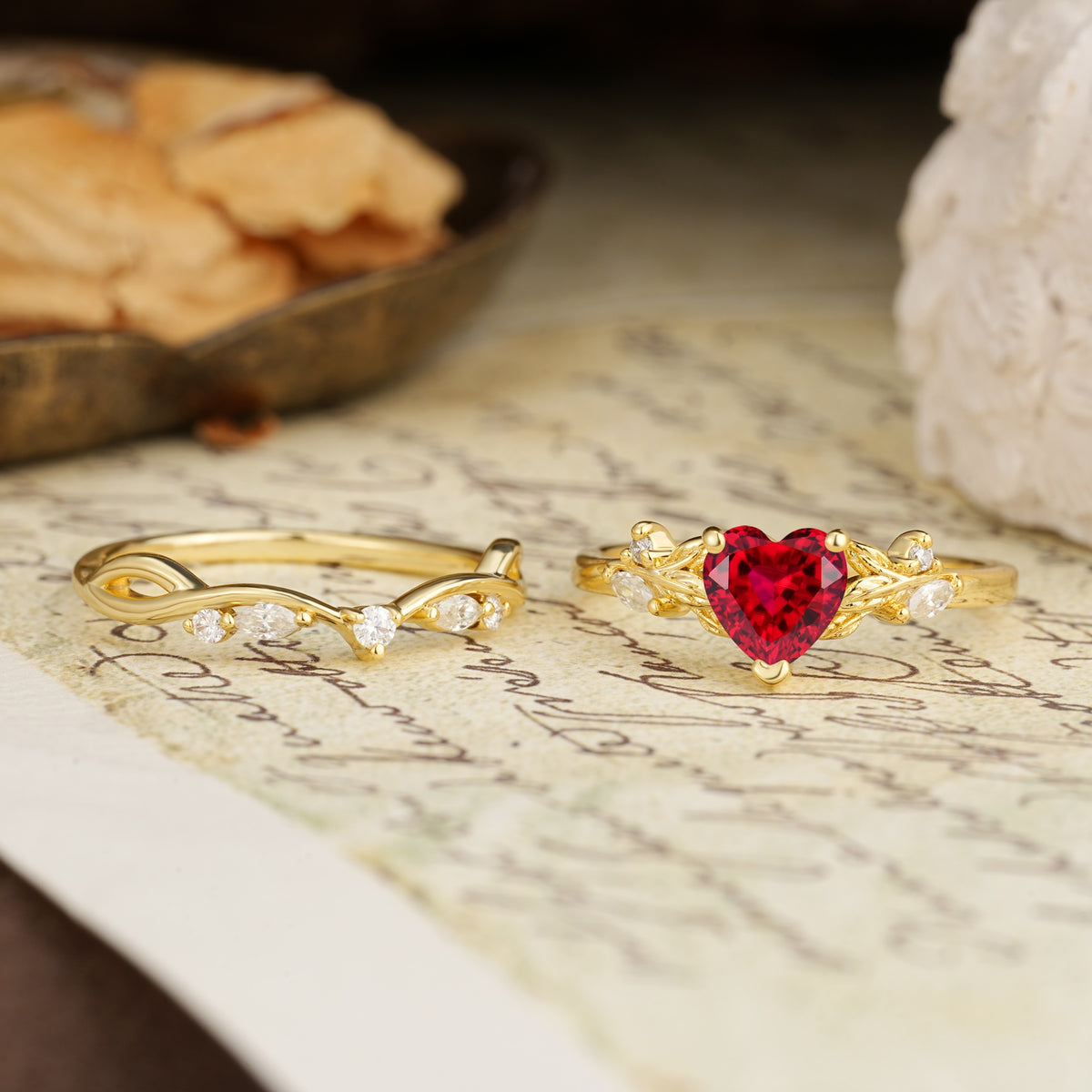 Nature-Inspired Vintage Aphrodite's Garden Vine-Wrapped  Heart-Cut Ruby Bridal Ring Set | RamaSoul - Additional view
