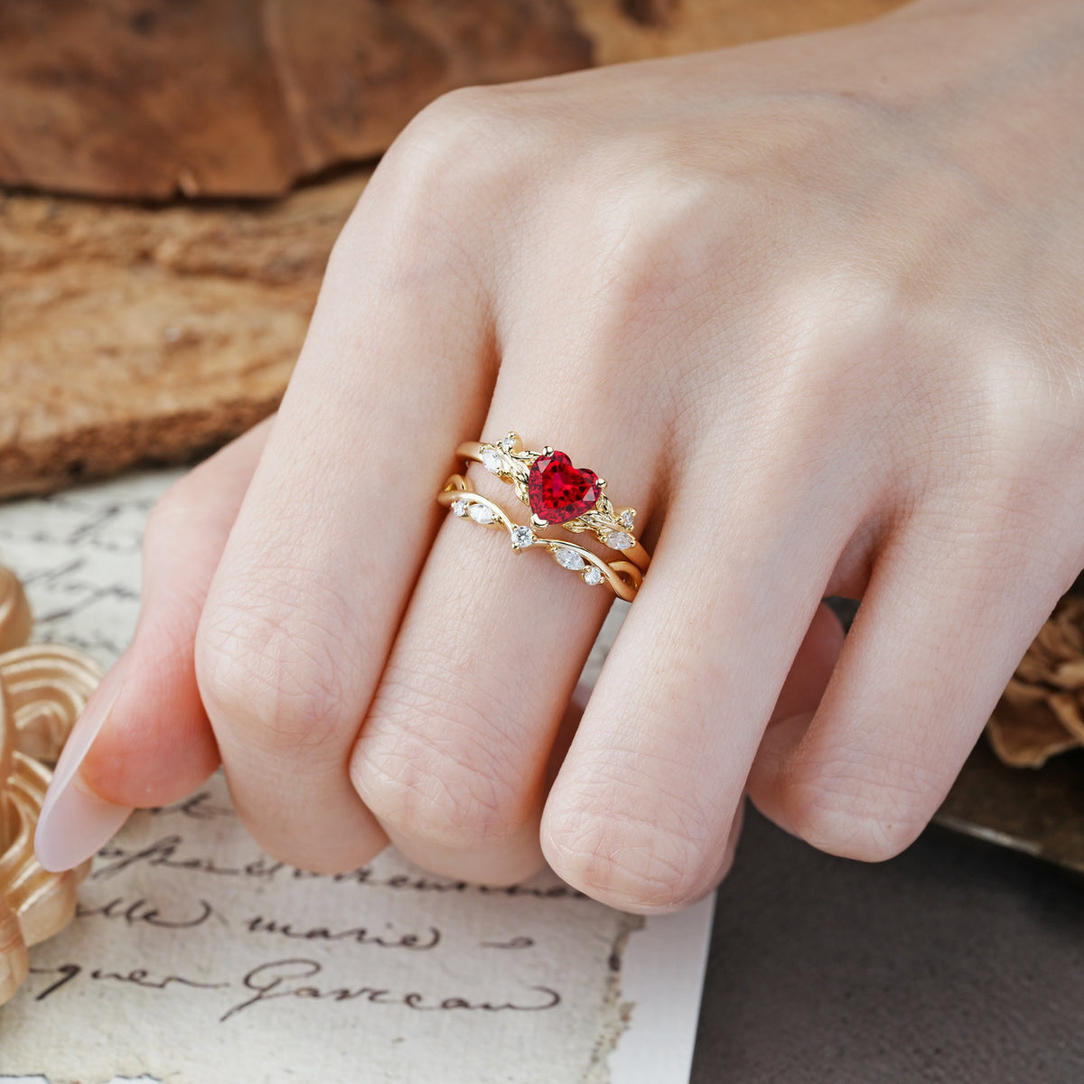 Nature-Inspired Vintage Aphrodite's Garden Vine-Wrapped  Heart-Cut Ruby Bridal Ring Set | RamaSoul