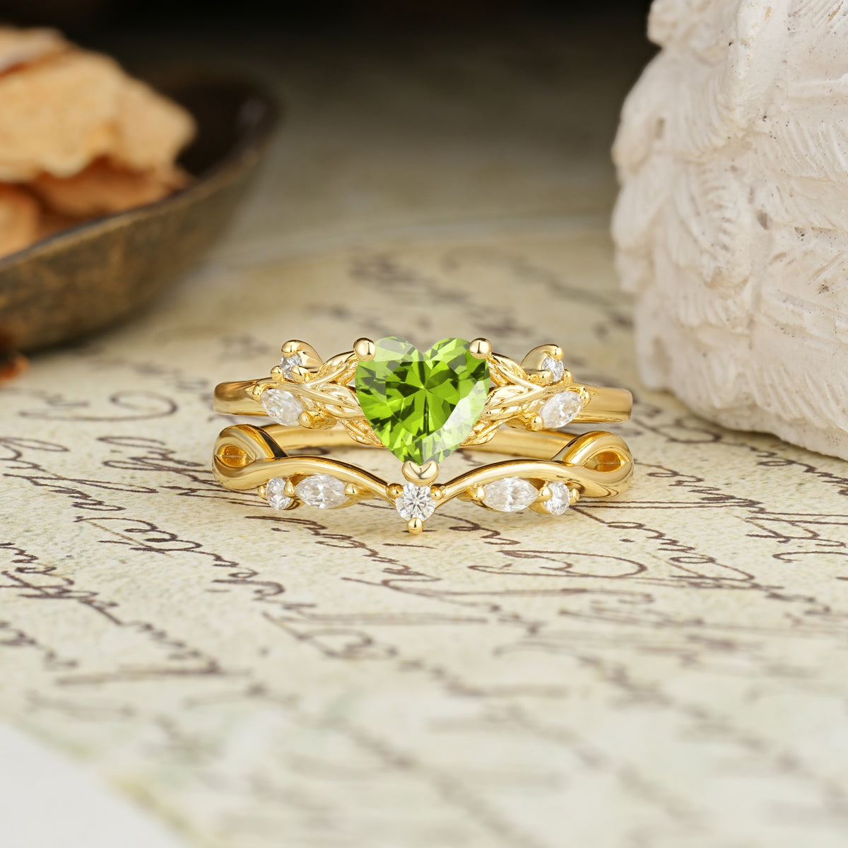 Nature-Inspired Vintage Aphrodite's Garden Vine-Wrapped  Heart-Cut Peridot Bridal Ring Set | RamaSoul - Yellow-Gold