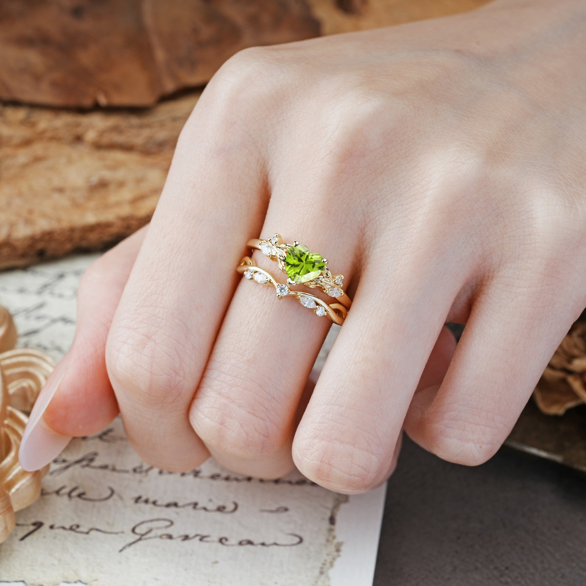 Nature-Inspired Vintage Aphrodite's Garden Vine-Wrapped  Heart-Cut Peridot Bridal Ring Set | RamaSoul