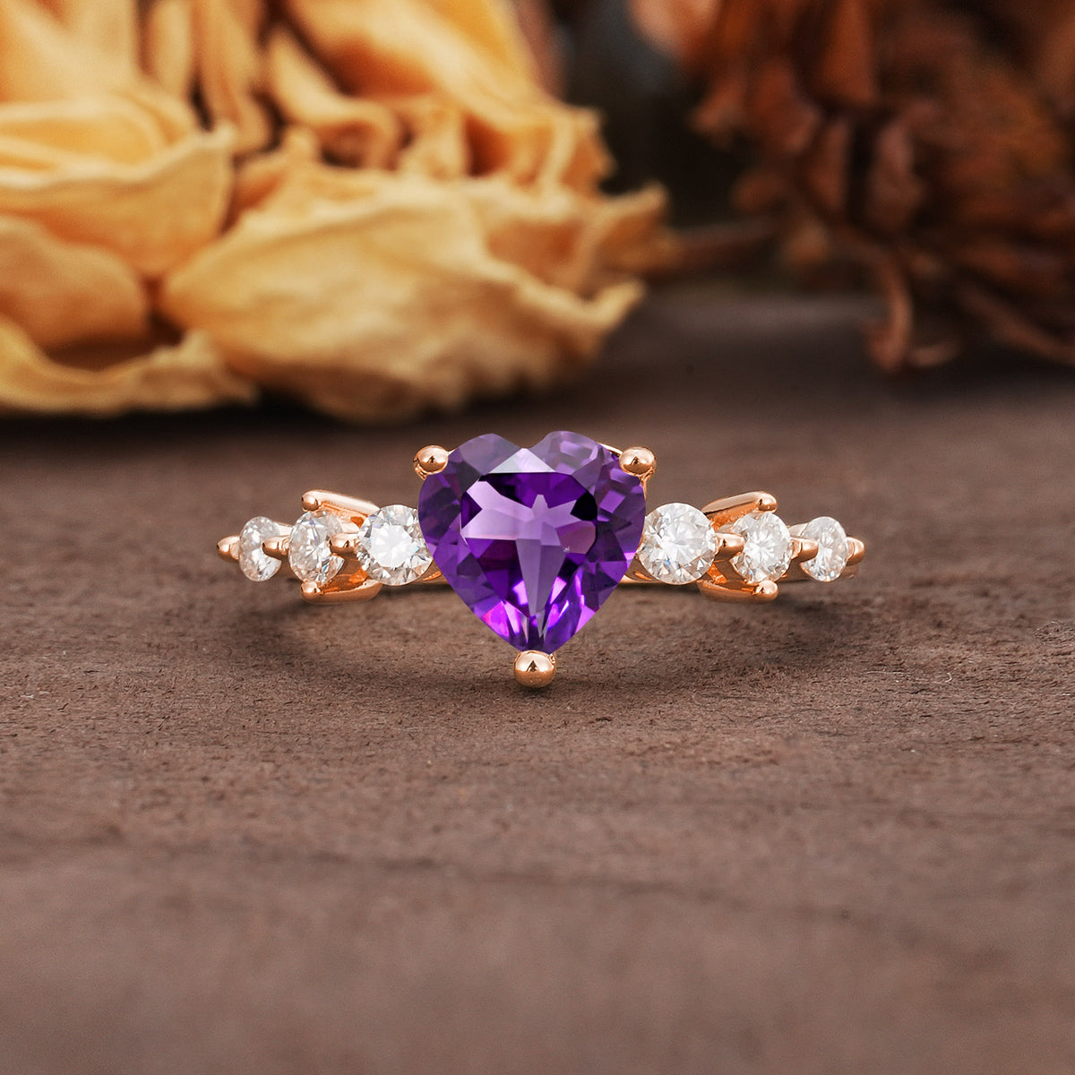 Luxurious Vintage-Style Pavé 3-Prong Heart Cut Amethyst Engagement Ring - Additional view
