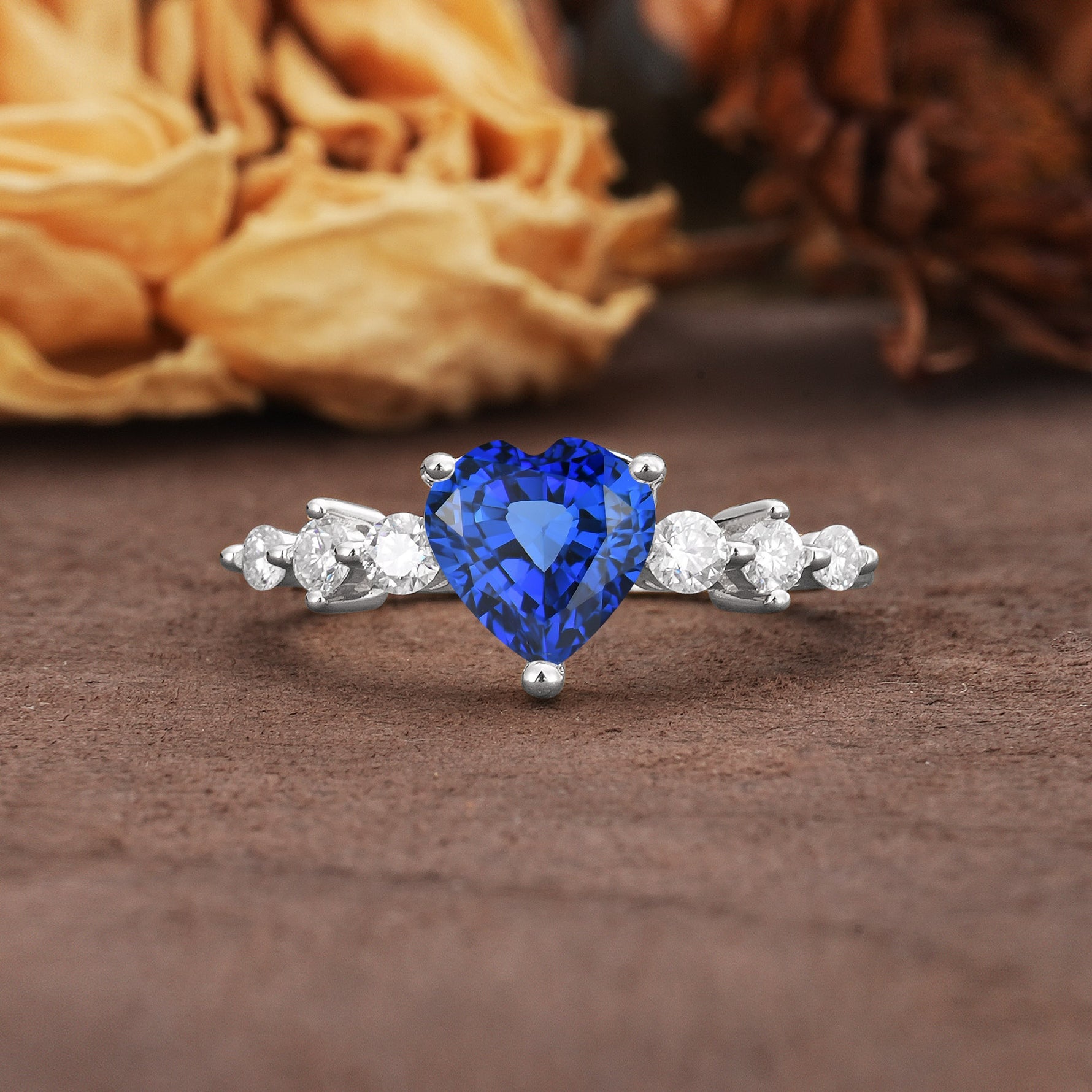 Luxurious Vintage-Style Pavé 3-Prong Heart Cut Sapphire Engagement Ring - Additional view