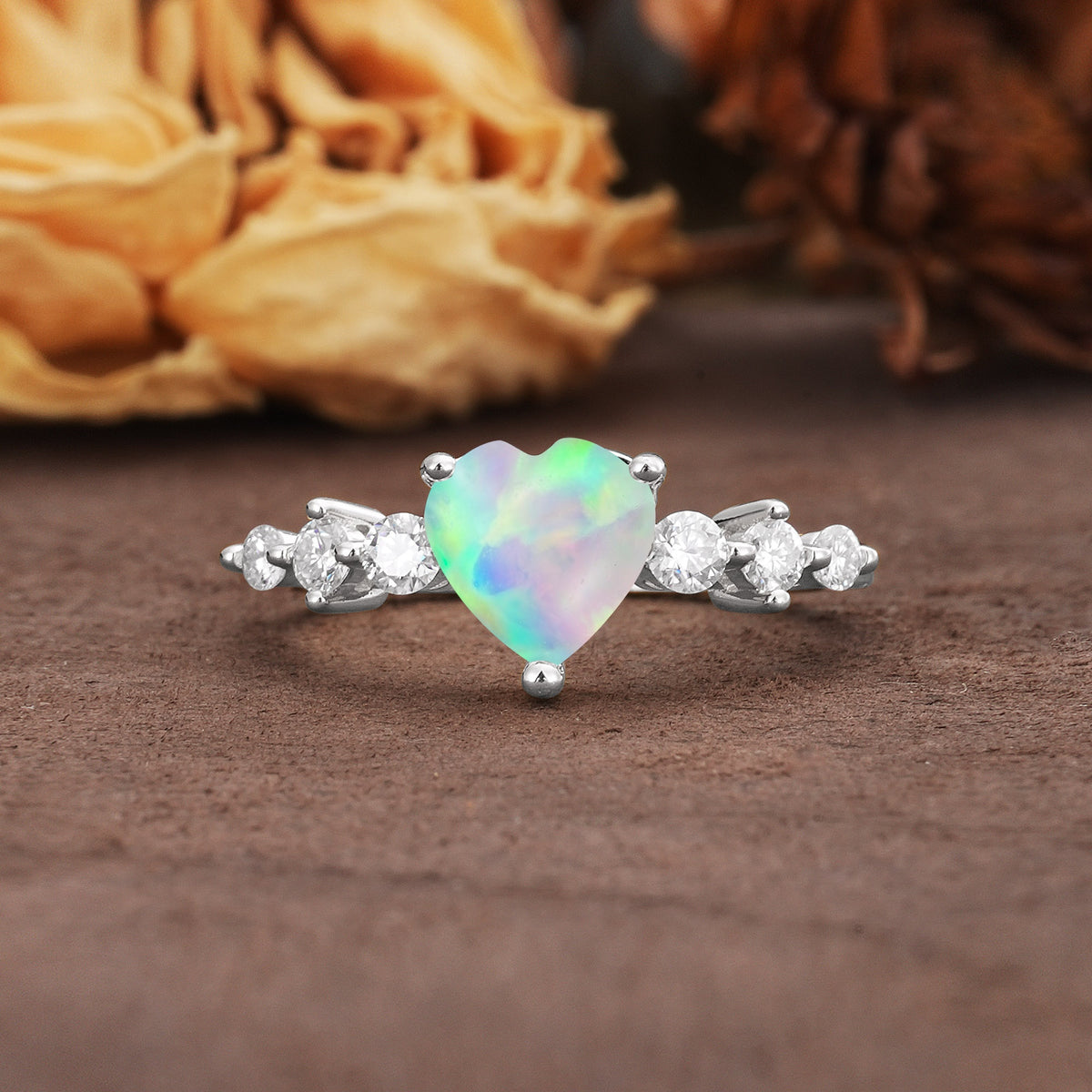 Luxurious Vintage-Style Pavé 3-Prong Heart Cut Fire Opal Engagement Ring - Additional view
