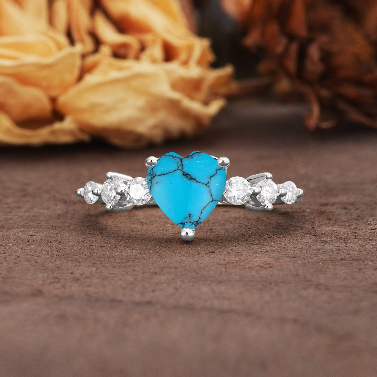 Luxurious Vintage-Style Pavé 3-Prong Heart Cut Turquoise Engagement Ring - Additional view