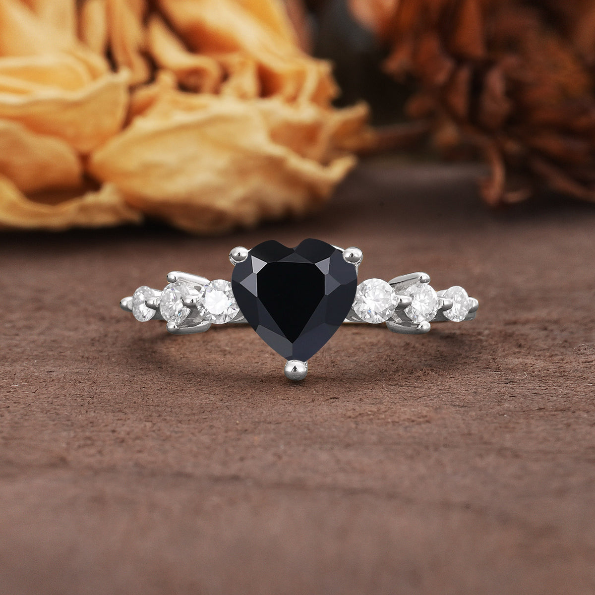Luxurious Vintage-Style Pavé 3-Prong Heart Cut Black Onyx Engagement Ring - Additional view