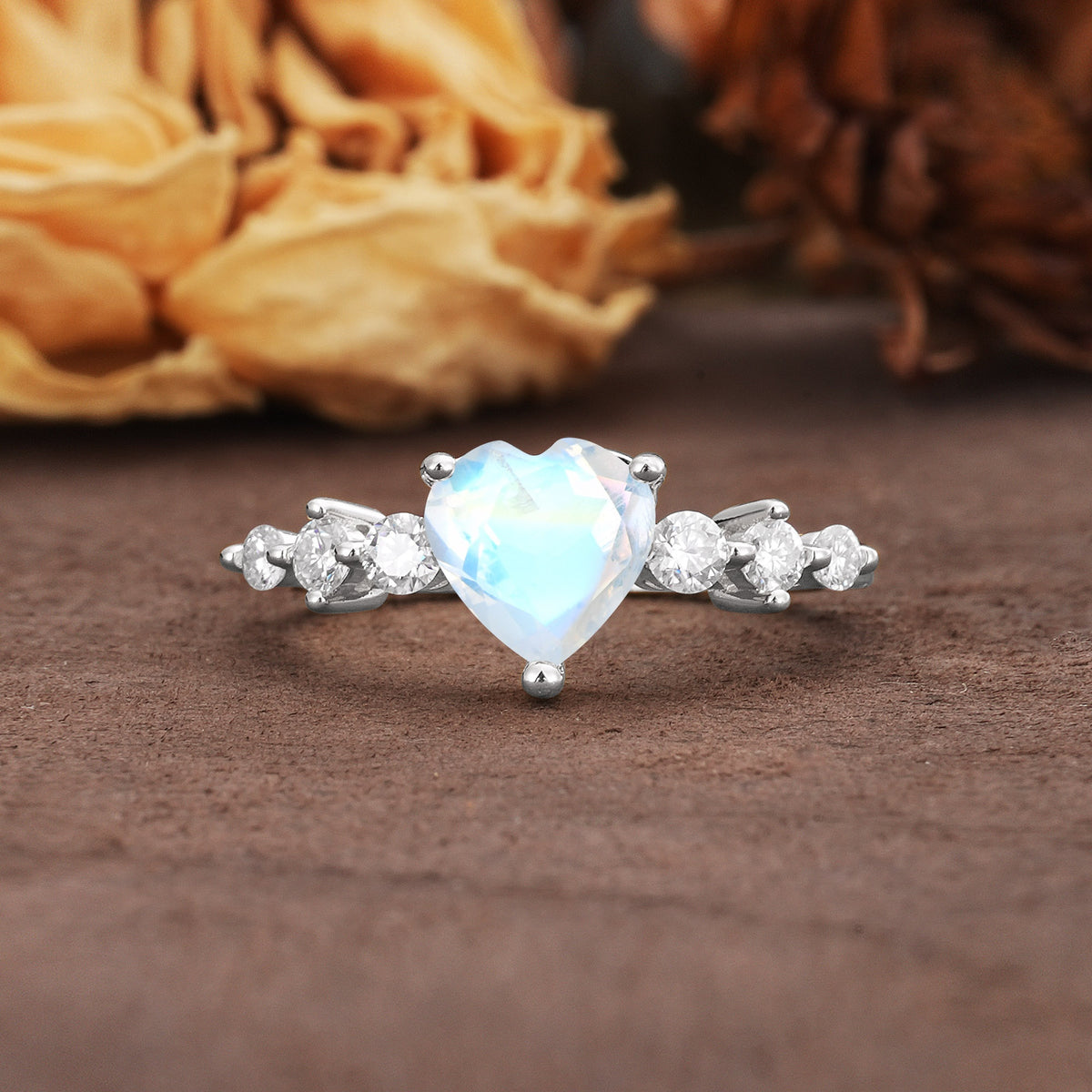 Luxurious Vintage-Style Pavé 3-Prong Heart Cut Moonstone Engagement Ring - Additional view