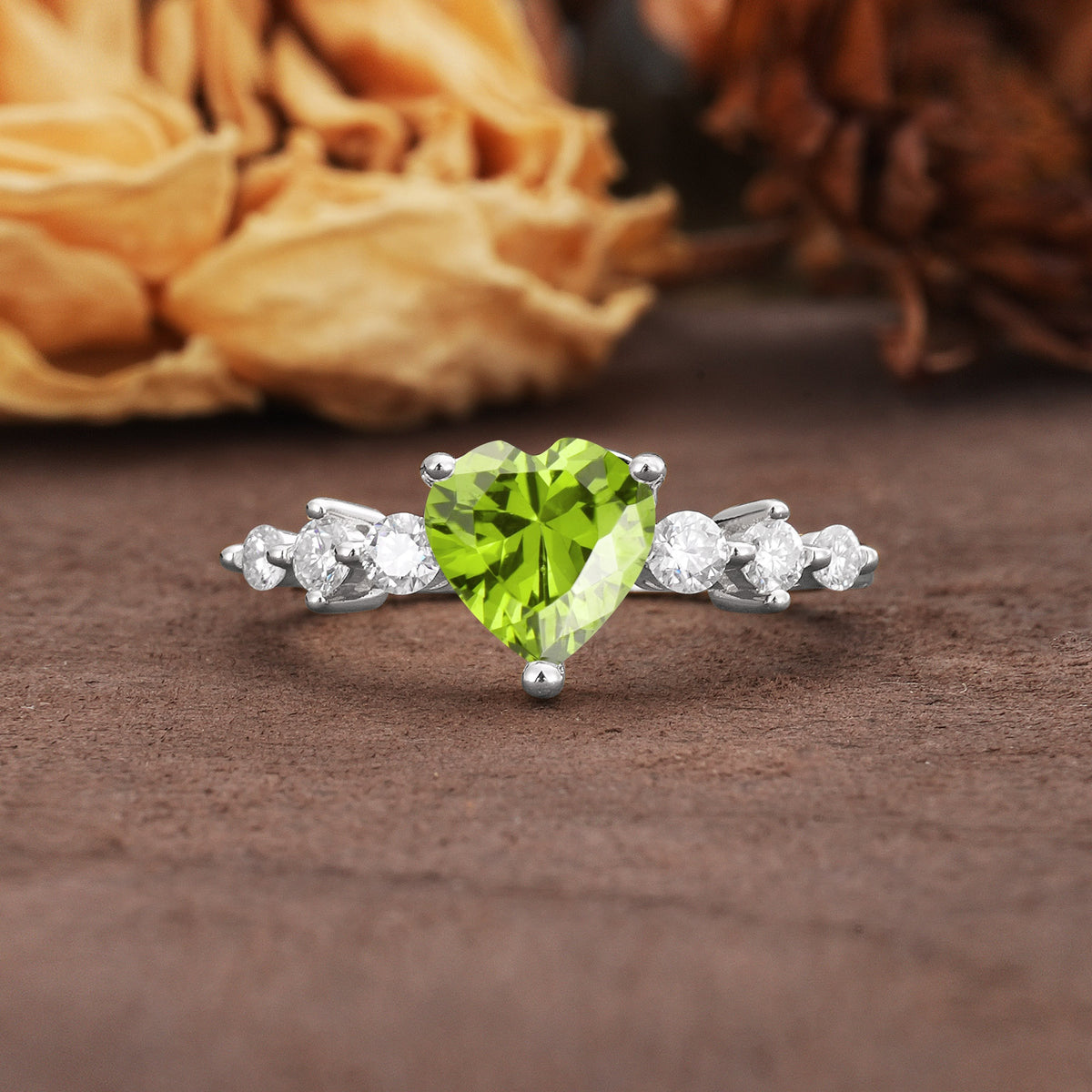 Luxurious Vintage-Style Pavé 3-Prong Heart Cut Peridot Engagement Ring - Additional view
