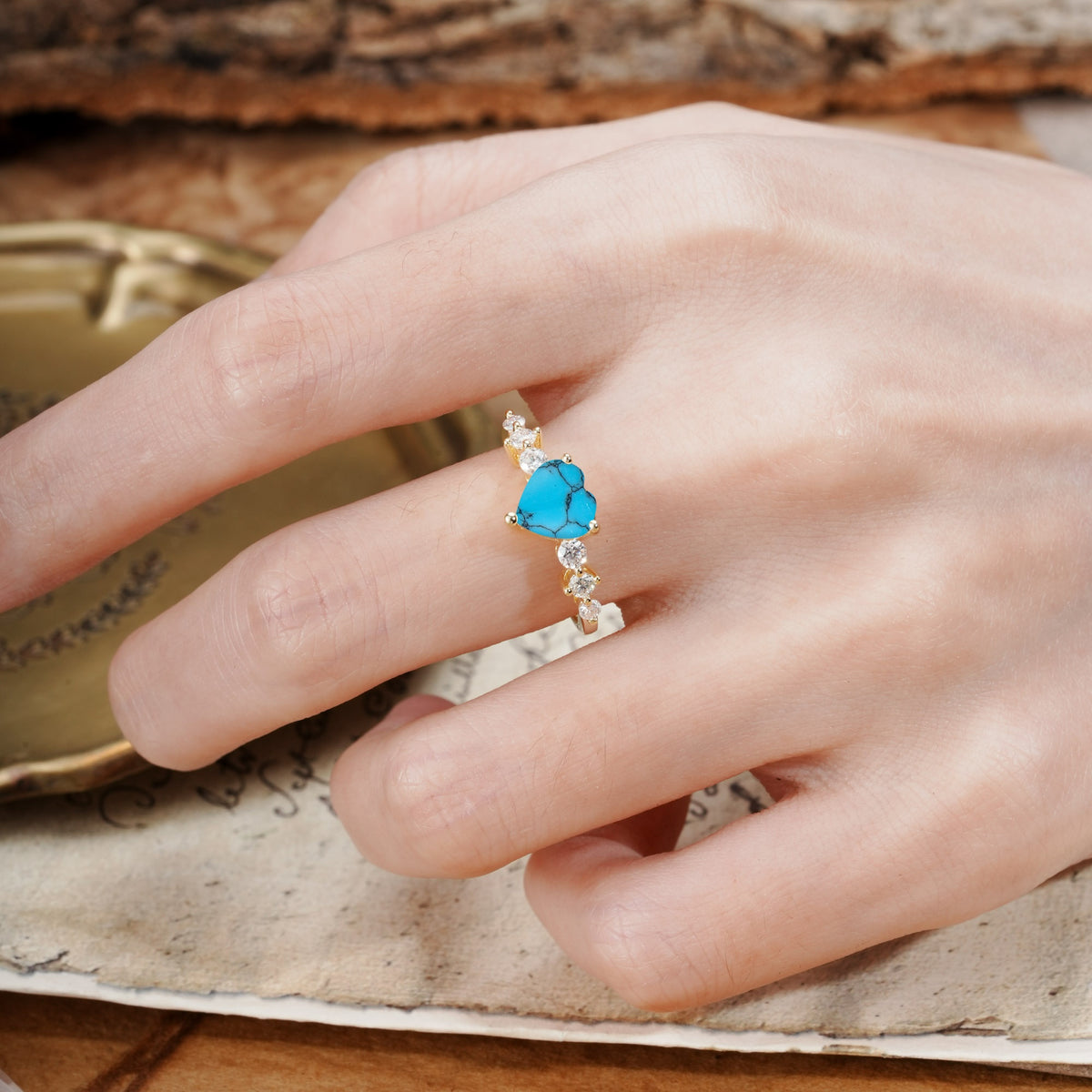 Luxurious Vintage-Style Pavé 3-Prong Heart Cut Turquoise Engagement Ring - Additional view