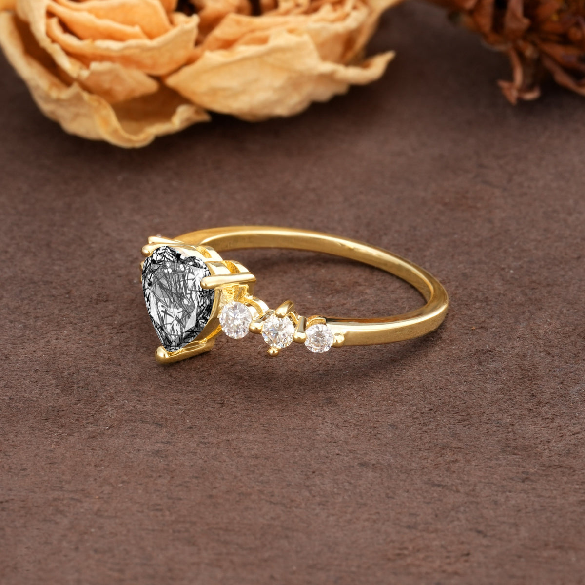 Luxurious Vintage-Style Pavé 3-Prong Heart Cut Black Rutilated Quartz Engagement Ring - Additional view