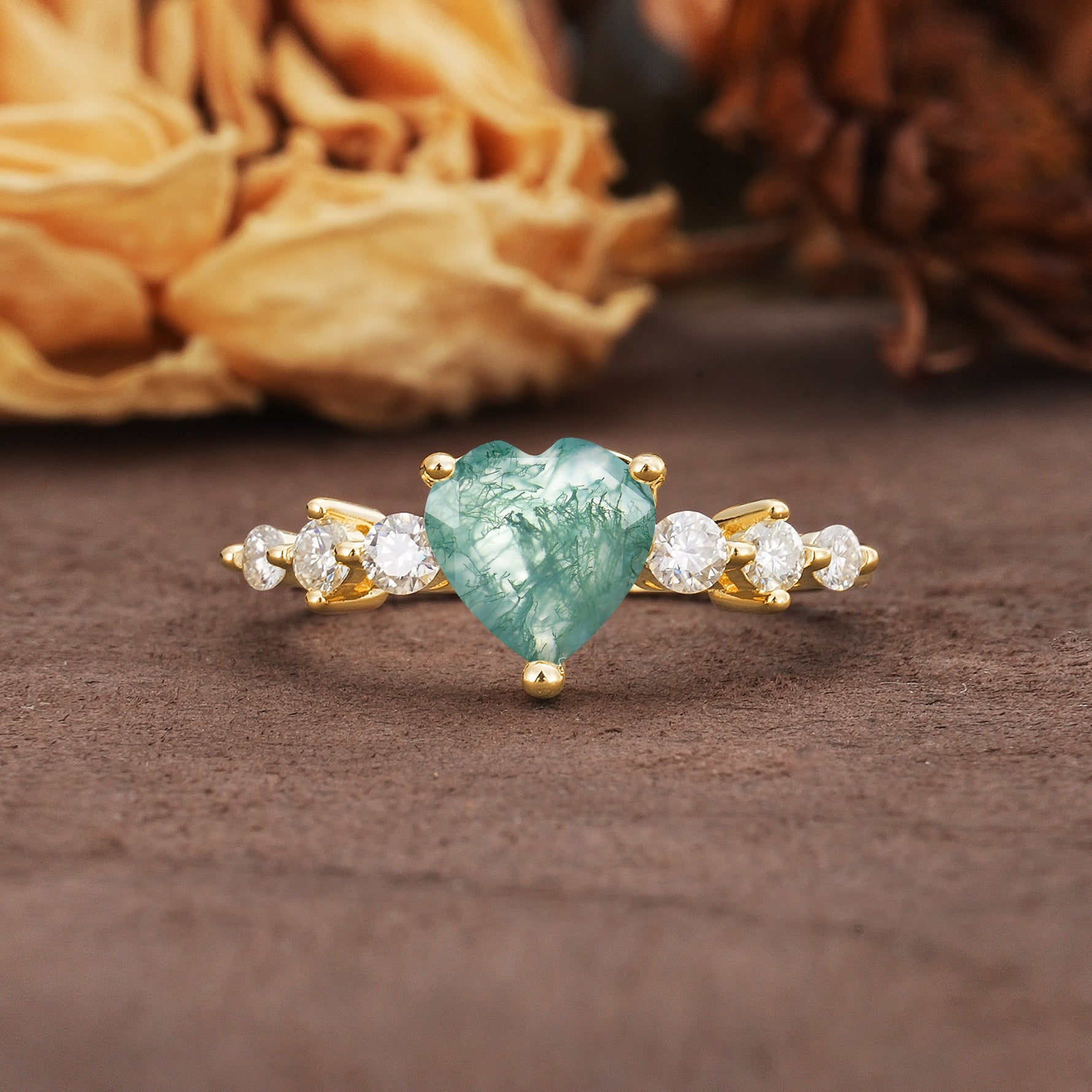Luxurious Vintage-Style Pavé 3-Prong Heart Cut Moss Agate Engagement Ring - Additional view