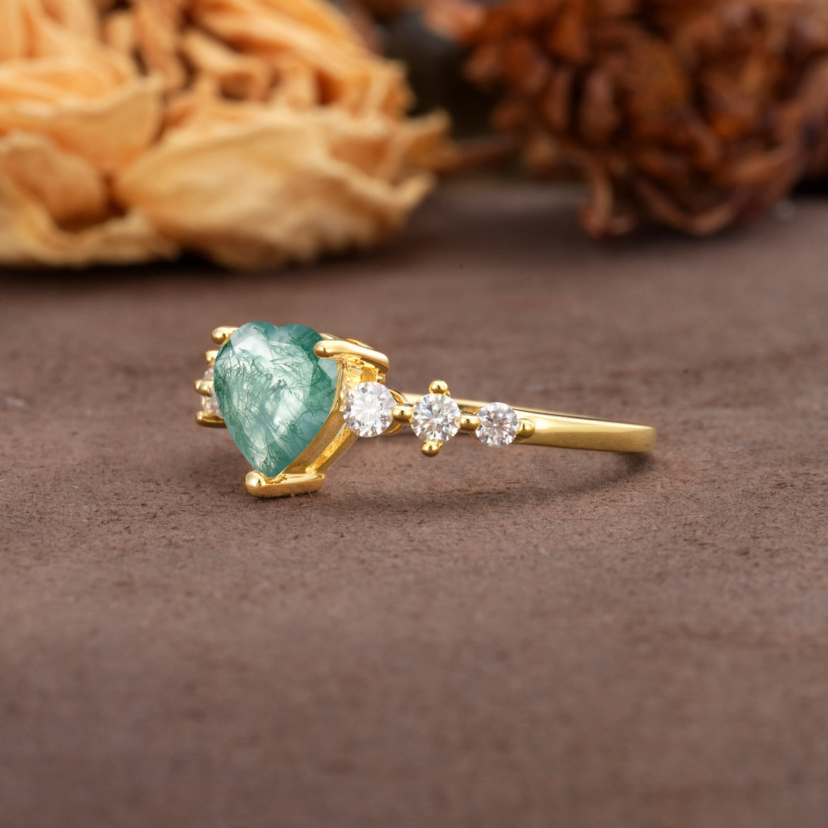 Luxurious Vintage-Style Pavé 3-Prong Heart Cut Moss Agate Engagement Ring - Additional view