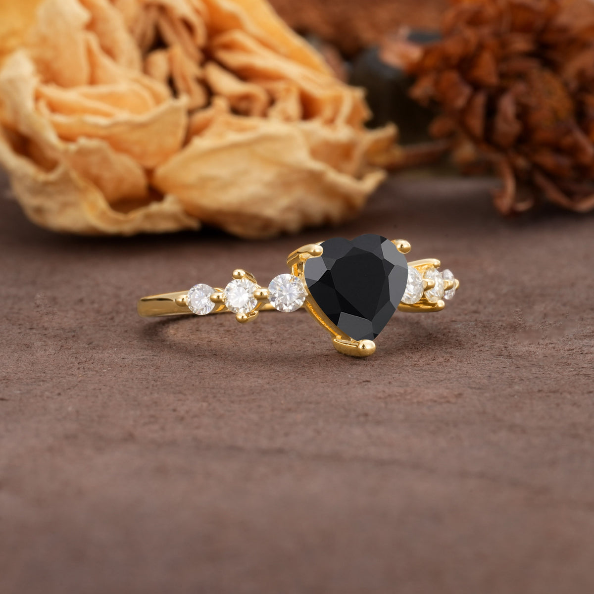 Luxurious Vintage-Style Pavé 3-Prong Heart Cut Black Onyx Engagement Ring - Additional view